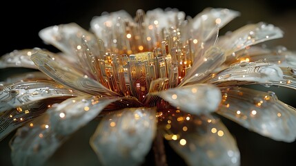 Sparkling white flower with golden filaments and black and white patterned petals