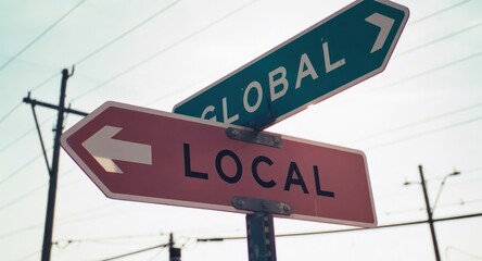 Obraz premium Global and Local road signs point opposite ways against sky