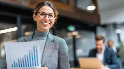 Smiling businesswoman presents growth chart. Confident woman holds report in modern office setting. Great for marketing, business, or design concepts.