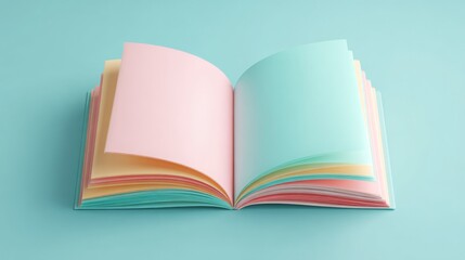 Colorful open book with pastel pages arranged neatly on a light blue background in a minimalist setting