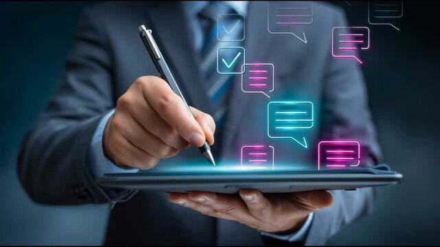 A photo realistic of a man in a suit filling out a satisfaction form on a tablet, with floating checklist graphics, rating scales, and survey bubbles in bright neon