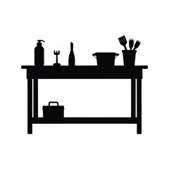 Silhouette of a work table with bottles, bucket, and brushes