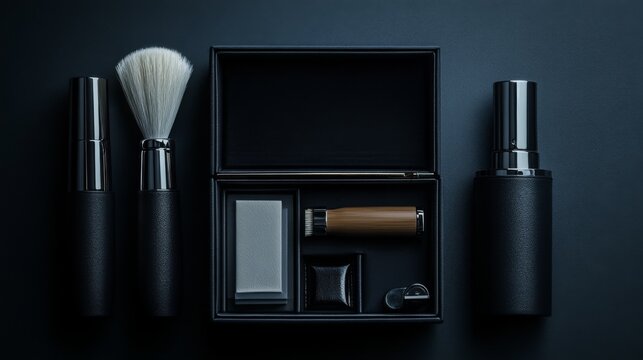 Grooming kit with shaving tools and accessories arranged on a dark surface