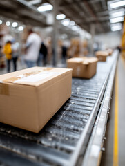 Cardboard boxes on a conveyor belt in a warehouse.
