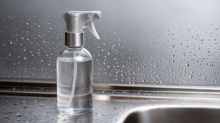 Clear spray bottle on a stainless steel countertop with water droplets