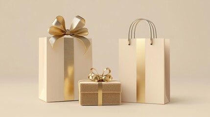 Elegant gift-wrapped presents displaying stylish ribbons and bags arranged on a neutral backdrop for festive occasions