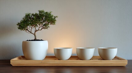 Fototapeta premium Bonsai Tree with White Cups on Wooden Tray