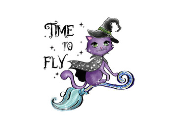 Time to Fly –A purple cat wearing a witch hat rides a broomstick, Sublimation Design isolated on transparent background