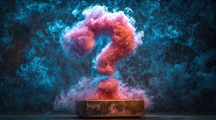 Glowing pink question mark cloud on a platform, surrounded by blue smoke