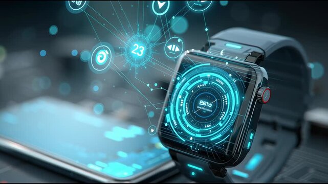 Macro photo of a smart watch syncing with a mobile phone, glowing IoT symbols floating in the blurred tech environment