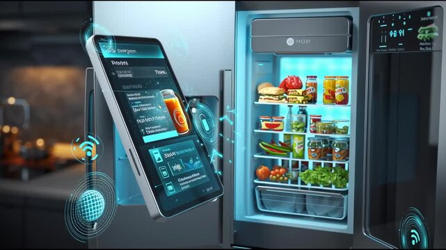 Detail view of a smart refrigerator touchscreen showing inventory, with IoT connectivity icons and glowing user interface elements
