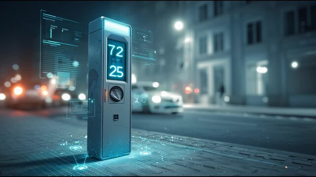 Tight shot of a smart city parking meter, real-time availability display glowing, with IoT grid graphics lightly blended into scene