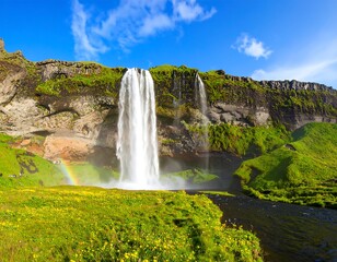 Obraz premium Scenic waterfall in a vibrant landscape