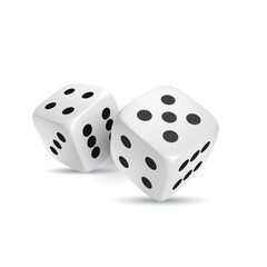 White photorealistic 3d cube for games. Dice icon in flight closeup isolated on white background. Vector illustration.