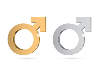 Male gender symbols of Mars. Gold and silver 3d symbol. Vector illustration.