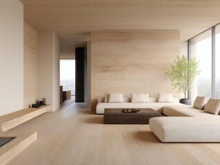 Fototapeta premium Modern minimalist living room featuring light wood tones
