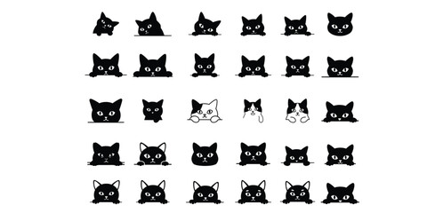 Naklejka premium Cute Cat Face Icon Set – Vector Silhouettes of Peeking Cats in Various Styles