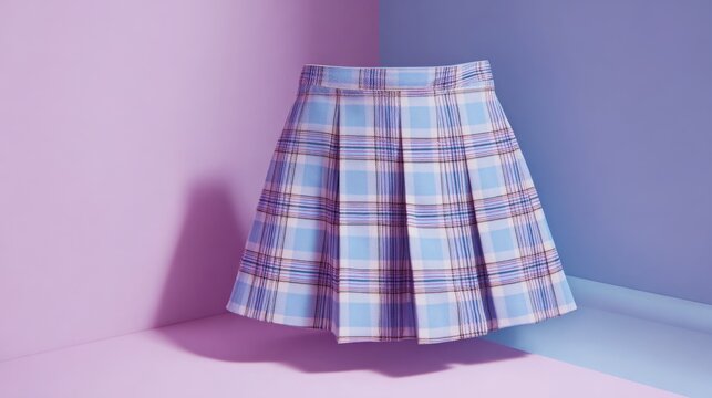 Colorful plaid skirt displayed in a creative setting with pastel backgrounds highlighting fashion design - Powered by Adobe