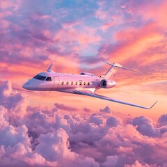 Obraz premium Luxury Private Jet Flying Through Vibrant Clouds at Sunset, Elegant Aviation
