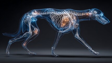 Futuristic cybernetic dog skeleton illuminated with blue and orange digital energy
