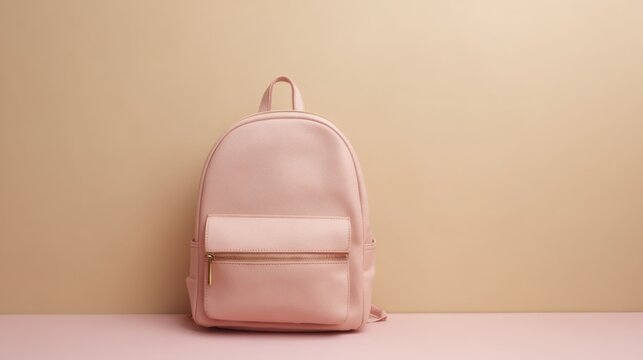 Fototapeta Pink minimalist backpack on a soft beige background with a simple design suitable for casual use