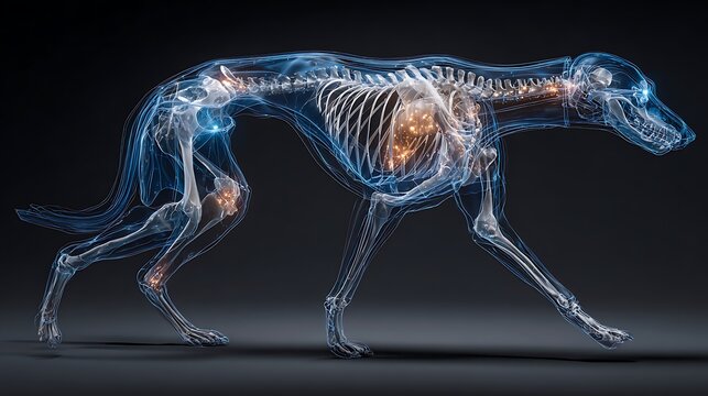 Futuristic cybernetic dog skeleton illuminated with blue and orange digital energy