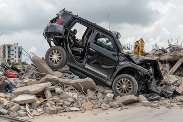 Severely damaged black SUV resting on a pile of rubble and concrete debris after demolition cloudy sky background
