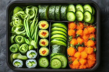 Vegetarian sushi bento with avocado rolls, cucumber rolls, and pickled vegetables, all neatly presented in top-down view -