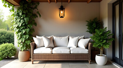 Rustic patio with wicker sofa stone wall and warm lantern glow in symmetrical layout