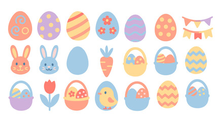 Colorful Easter-Themed Icons Featuring Eggs, Bunnies, Baskets, and Holiday Decorations