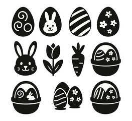 Collection of Black Simple Easter Icons Featuring Eggs, Bunny, Baskets, and Symbols