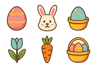 Cute Illustrations of Easter Bunny, Eggs, Basket, Carrot, and Flower