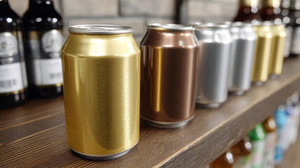 Assorted metallic cans on a store shelf.