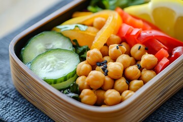 Vibrant vegan bento box with roasted chickpeas, cucumber ribbons, colorful bell pepper slices, and a lemon wedge for freshness 