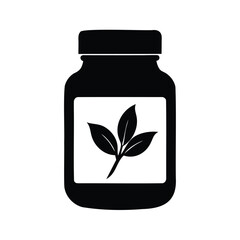 Black silhouette of medicine bottle with green leaves logo on label