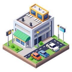 Isometric building with cars and street elements isolated on white background