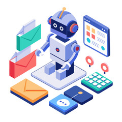 Robot handling emails and data isolated on white background