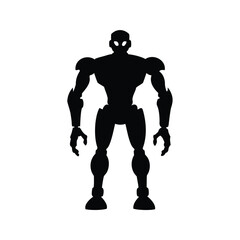 Bold futuristic robot silhouette standing against a white background with glowing eyes