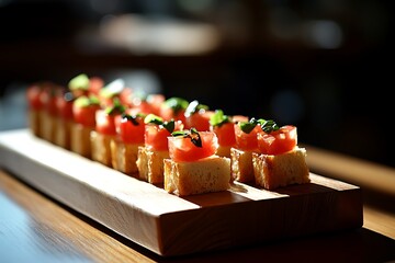 Wooden board with bite-sized bruschetta featuring tomato, basil, and a drizzle of olive oil, arranged in clean, uniform rows 