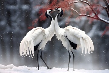 Obraz premium A pair of red-crowned cranes engaging in an elegant courtship dance in a snowy landscape