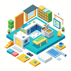 Isometric interior design elements and furniture isolated on white background