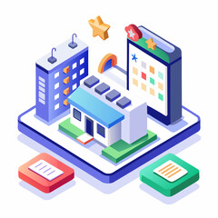 Isometric city buildings and mobile app interface isolated on white background