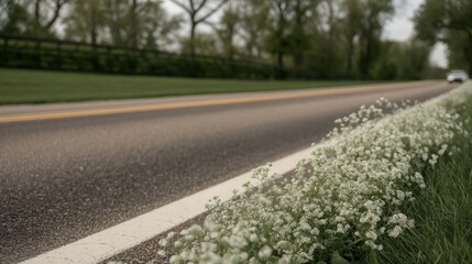 Fototapeta premium White wildflowers growing beside an asphalt road with a dividing line and a blurred car in the distance