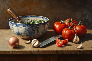 Wooden countertop scene with tomatoes, onions, and garlic being prepped beside a knife and vintage ceramic bowl 