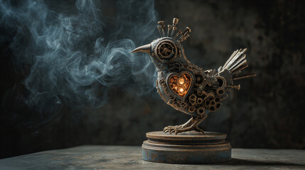 A captivating steampunk bird sculpture with intricate gears and a glowing heart, emitting wisps of smoke against a dark, textured background
