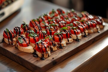 Wooden platter featuring bite-sized bruschetta with tomatoes, basil, and balsamic glaze, artfully arranged in perfect rows 