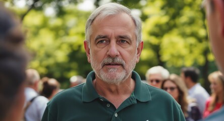 Mature man in green polo shirt speaking in a crowd, serious expression