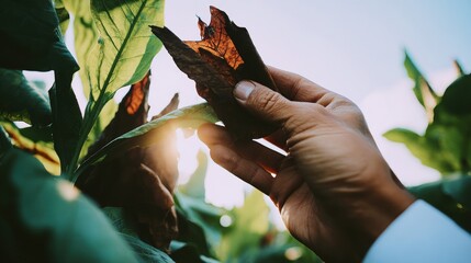 Hand holds a dying brown leaf against sunlight among healthy green plants A single leaf is examined in natural light