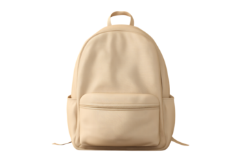Beige casual backpack with front pocket and side pockets isolated on white or transparent png for travel, school, or everyday use