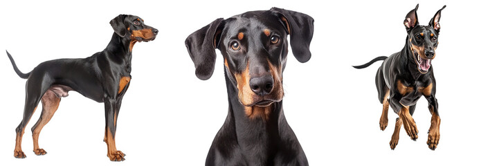 Set of cute doberman dogs isolated on transparent background PNG